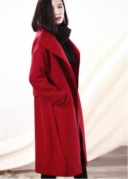 Waist Line Black Long Women  Wool Coat