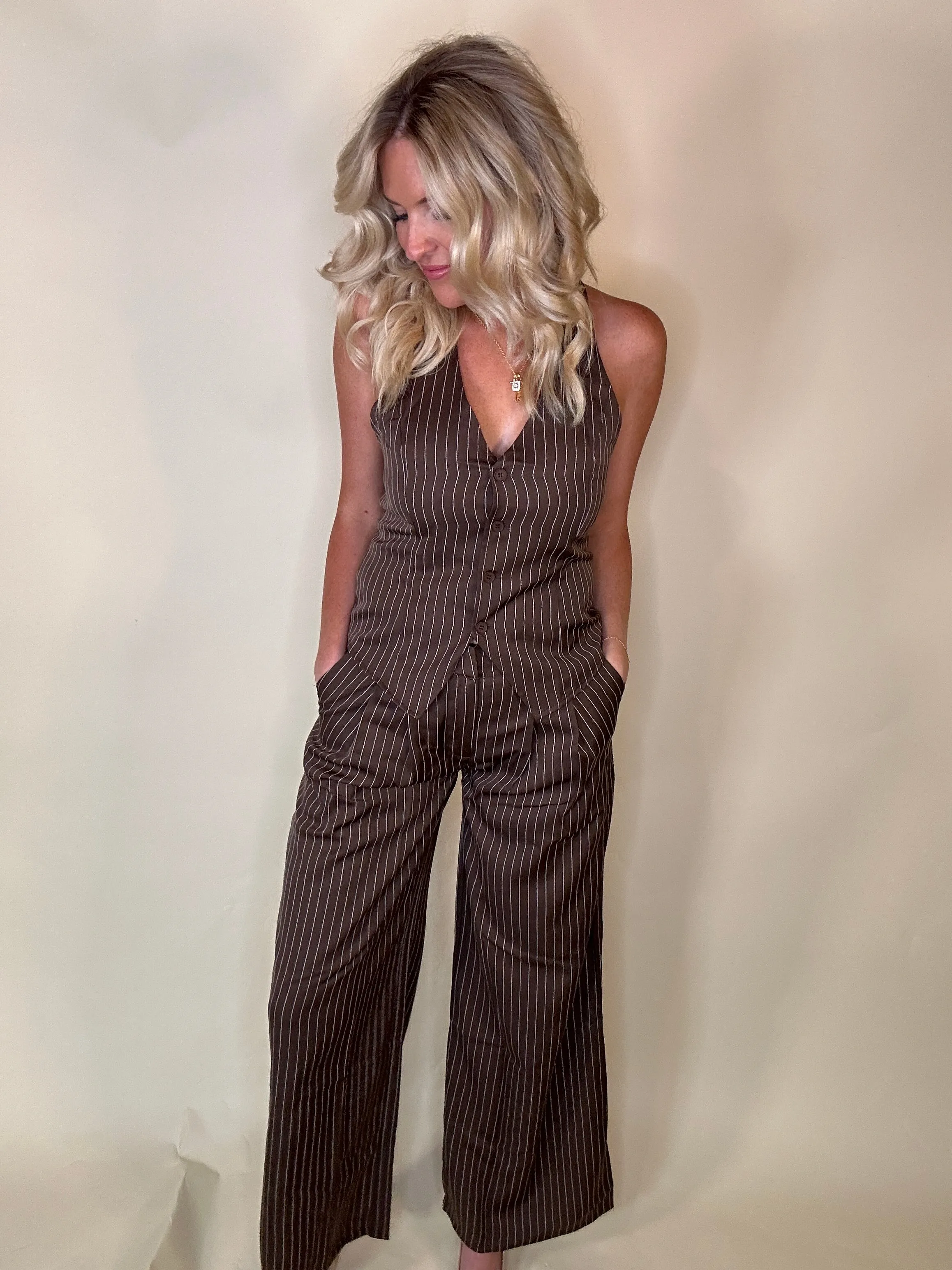 Wide-Leg Pinstripe Trousers