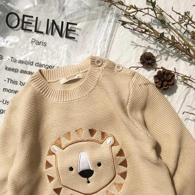 Winter Cute Sweater Bear Lion Embroidery Pattern Jumper Classic Crew Neck Knitwear