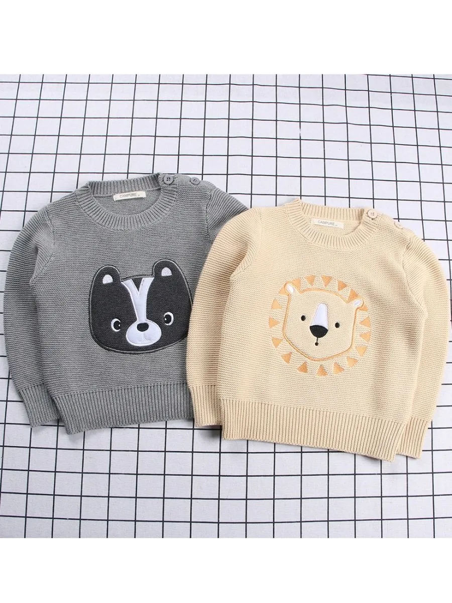 Winter Cute Sweater Bear Lion Embroidery Pattern Jumper Classic Crew Neck Knitwear