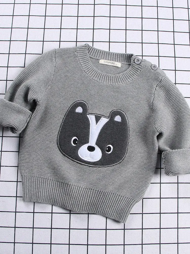 Winter Cute Sweater Bear Lion Embroidery Pattern Jumper Classic Crew Neck Knitwear