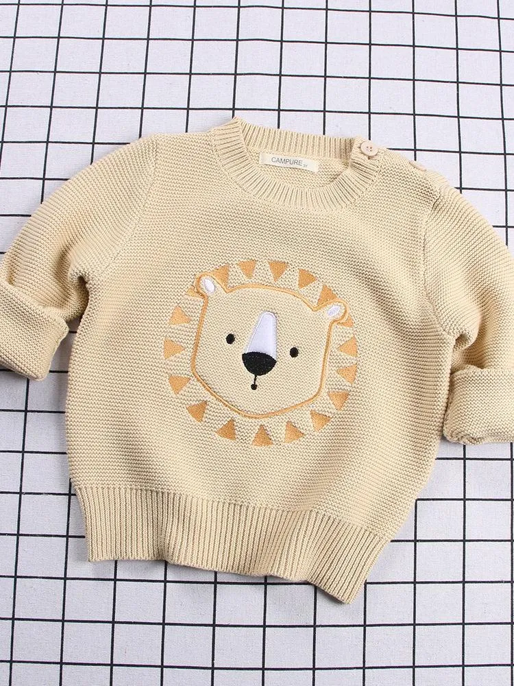 Winter Cute Sweater Bear Lion Embroidery Pattern Jumper Classic Crew Neck Knitwear