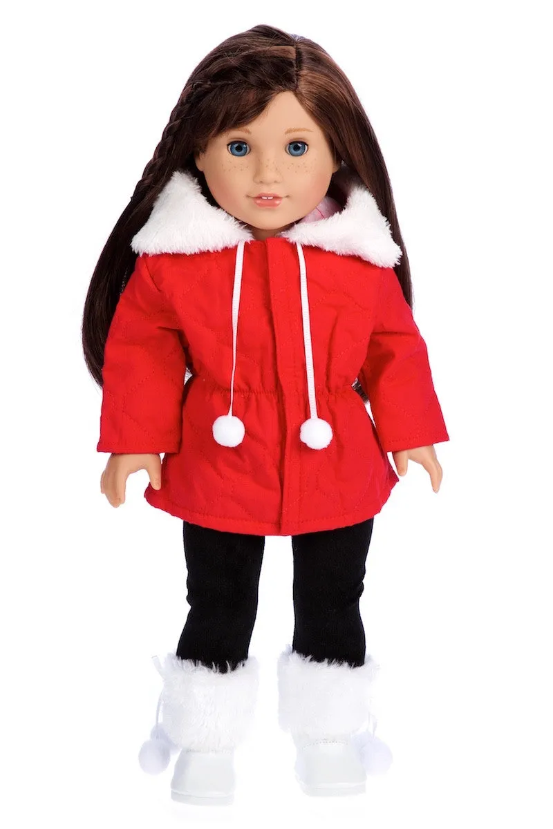 Winter Extravaganza - Clothes for 18 inch Doll - 3 Piece Outfit - Red Quilted Parka with Black Leggings and White Boots