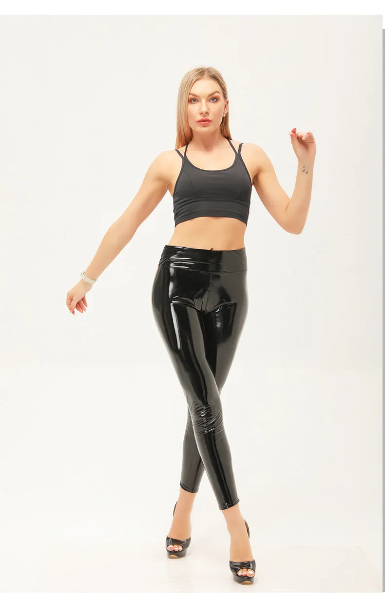 Wjczt New Women Mirror Leather Leggings Reflective Shiny Stretch Tighten PU Leather Pants High Waist Slim Sexy Leggings