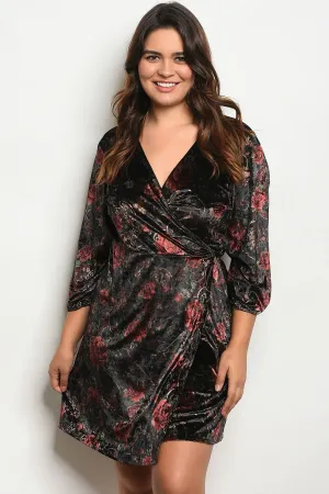 Women's Plus Size Black Velvet 3/4 Sleeve V-Neck Velvet Wrap Dress(6 pcs/ Bundle)