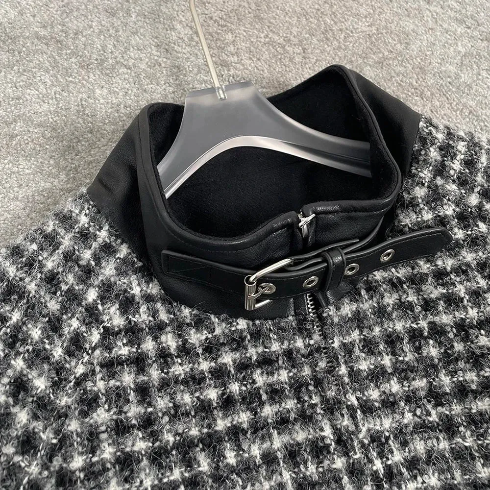 Wool Blend Checkered Splicing Buckle Decoration Double Zipper Jacket