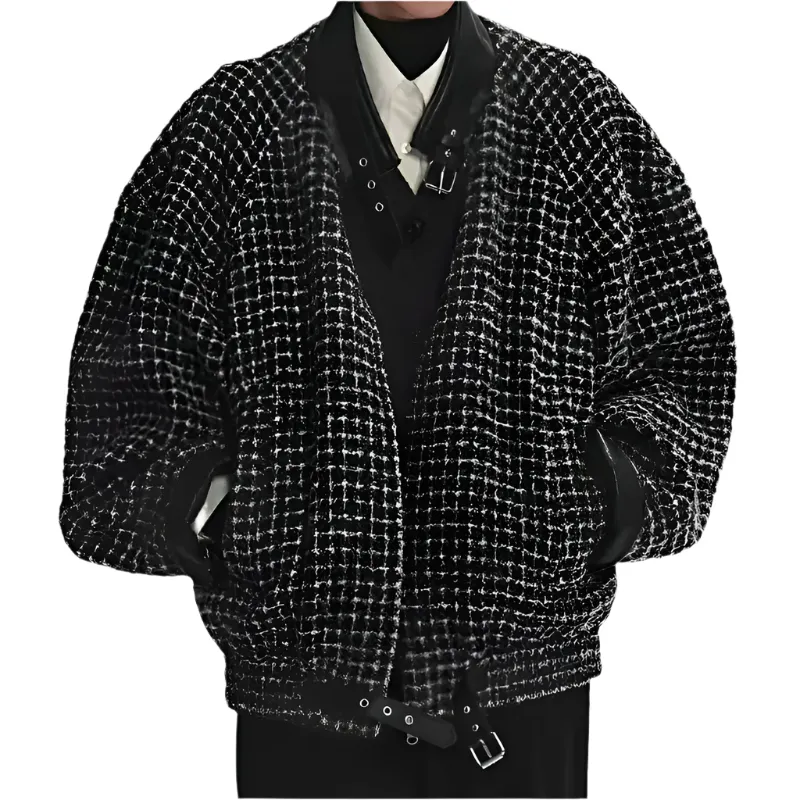 Wool Blend Checkered Splicing Buckle Decoration Double Zipper Jacket