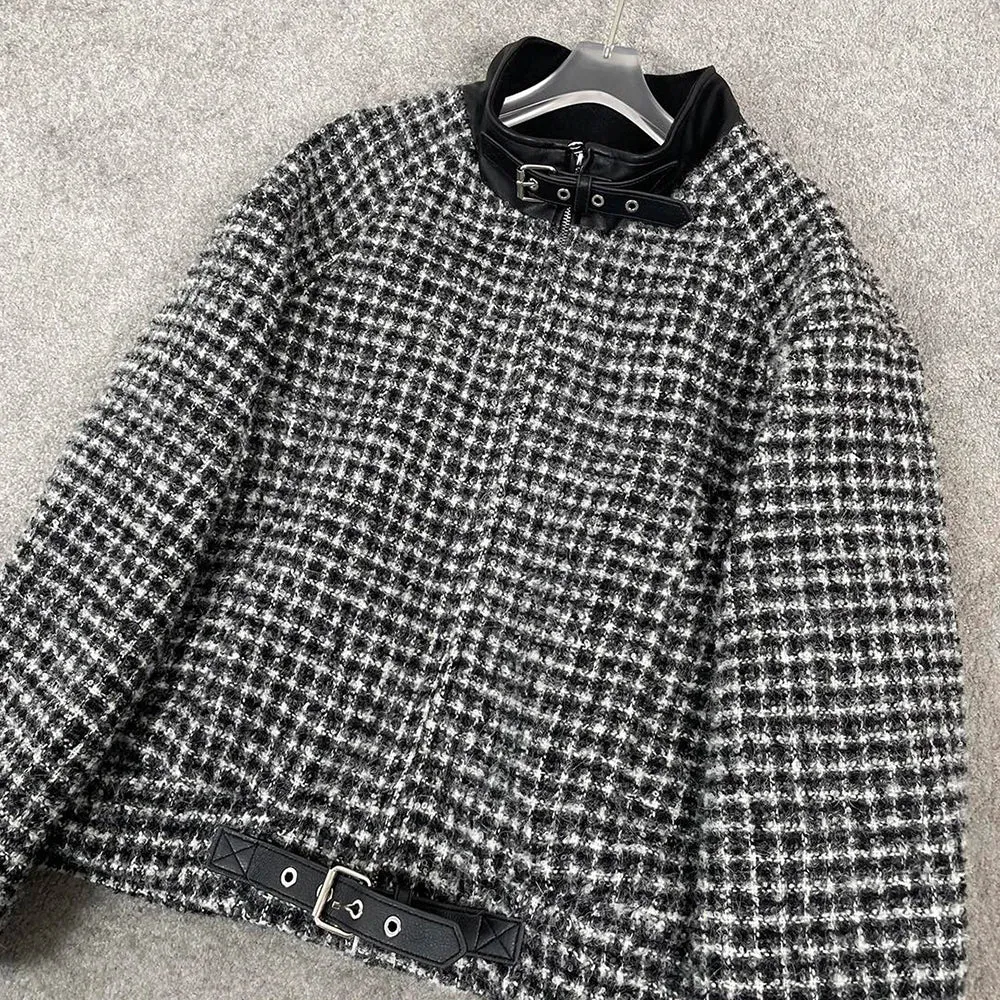 Wool Blend Checkered Splicing Buckle Decoration Double Zipper Jacket