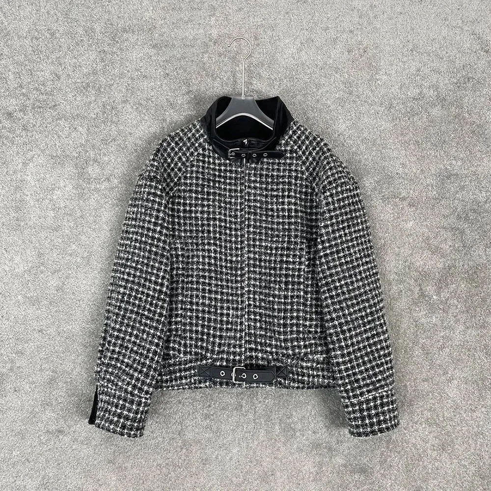 Wool Blend Checkered Splicing Buckle Decoration Double Zipper Jacket