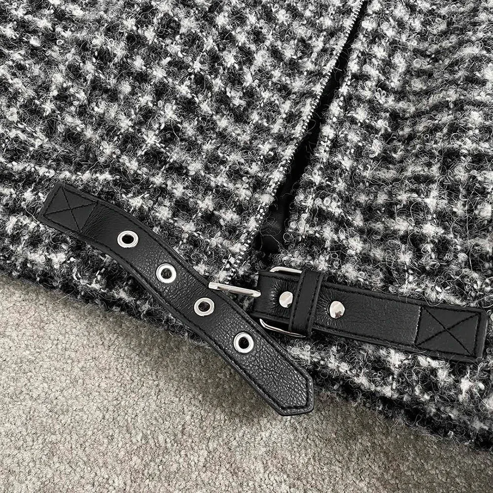 Wool Blend Checkered Splicing Buckle Decoration Double Zipper Jacket