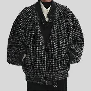 Wool Blend Checkered Splicing Buckle Decoration Double Zipper Jacket