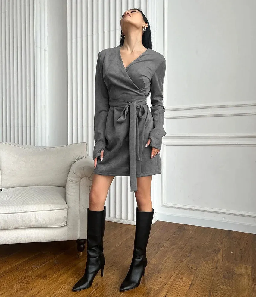 Wrap Tailored Couture Faux Suede Mini Dress