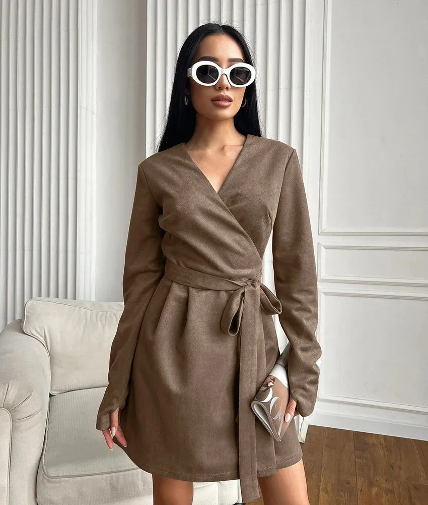 Wrap Tailored Couture Faux Suede Mini Dress