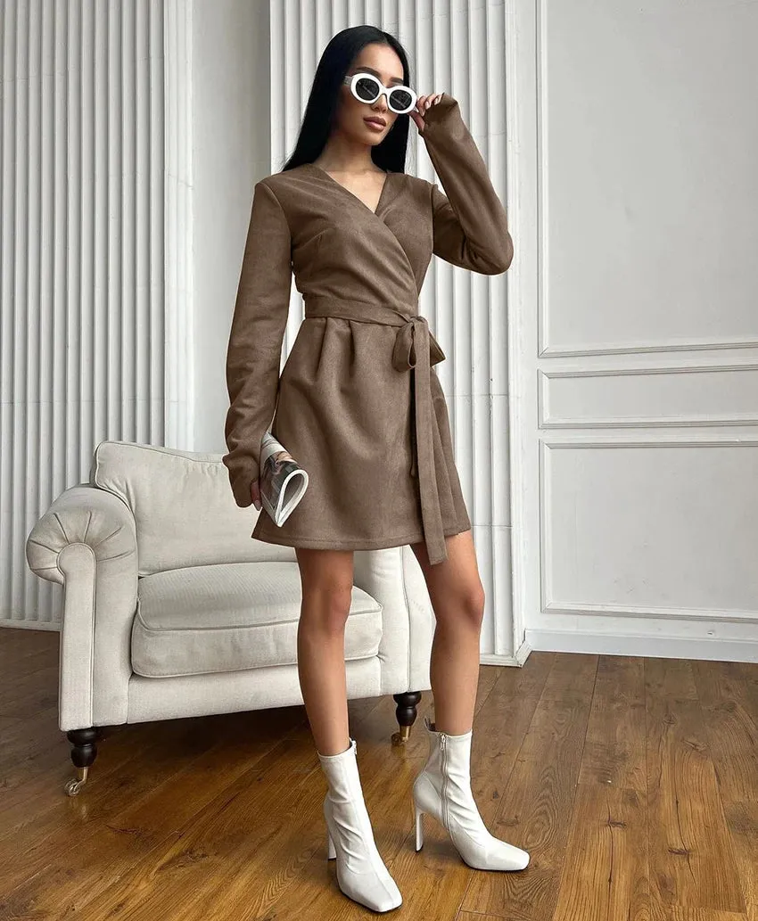 Wrap Tailored Couture Faux Suede Mini Dress