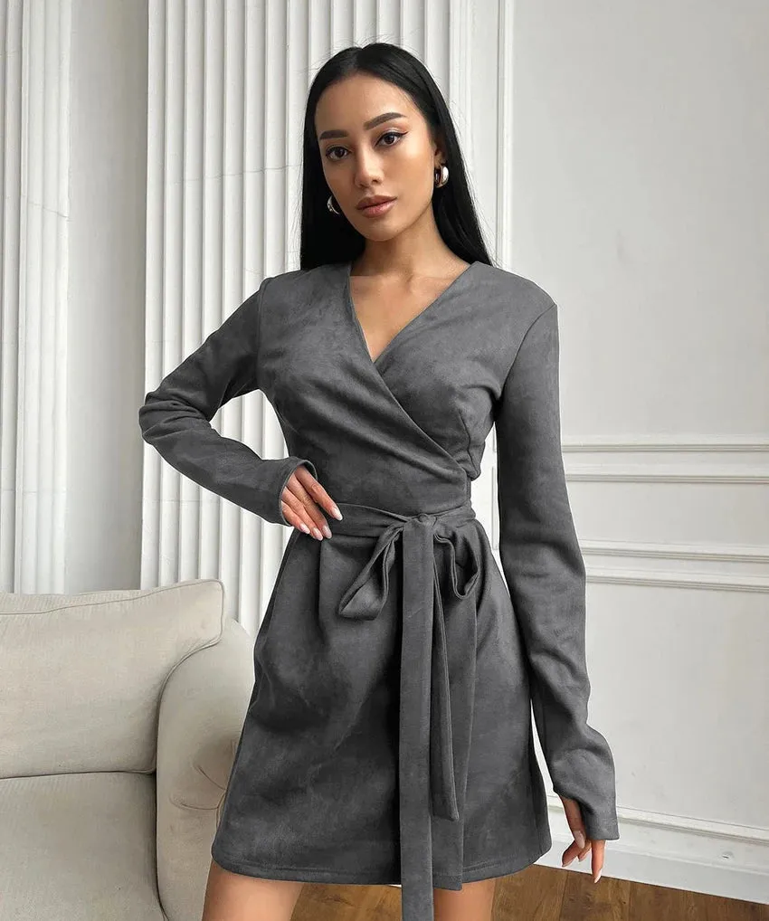 Wrap Tailored Couture Faux Suede Mini Dress